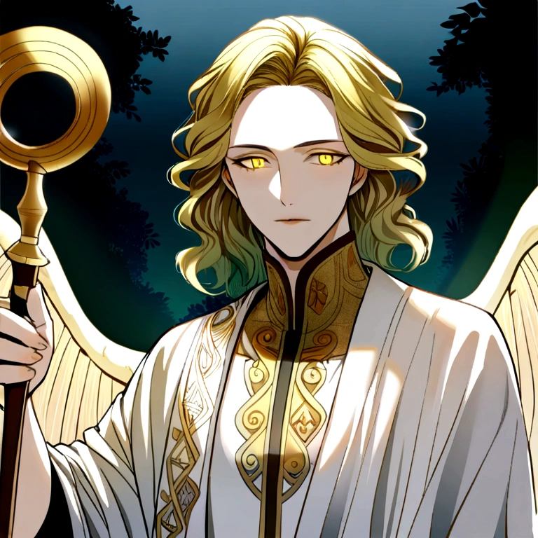 Here is the translated description:
"Create an image of the god Himeros, the Greek god of desire and longing, holding the staff of Asclepius, the symbol of medicine. Himeros should be depicted as a divine young man of ethereal beauty, with long, wavy golden hair. His skin should have a soft, healthy glow, and his eyes should convey a mixture of passion and longing. Adorn him with angelic wings that radiate a gentle luminescence.
Himeros should be dressed in an elegant Greek tunic, white with golden embroidery, gracefully draped over his athletic body. He should hold the staff of Asclepius in one hand, which is a rustic wooden rod entwined by an emerald serpent that appears alive, with detailed scales and piercing eyes. The staff should emanate an aura of healing and wisdom, with subtle golden glimmers radiating from its surface.
The background setting can be a celestial garden, filled with exotic flowers and lush trees, bathed in the soft golden light of twilight. Mythological elements, such as ancient fountains and statues, can add depth to the scene. The image should capture the duality between passionate desire and mystical healing, evoking a sense of serenity, mystery, and divine power."