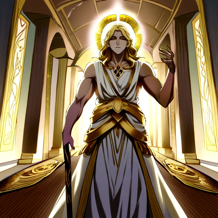 Here is the translated description:
"Create an image of the god Himeros, the Greek god of desire and longing, holding the staff of Asclepius, the symbol of medicine. Himeros should be depicted as a divine young man of ethereal beauty, with long, wavy golden hair. His skin should have a soft, healthy glow, and his eyes should convey a mixture of passion and longing. Adorn him with angelic wings that radiate a gentle luminescence.
Himeros should be dressed in an elegant Greek tunic, white with golden embroidery, gracefully draped over his athletic body. He should hold the staff of Asclepius in one hand, which is a rustic wooden rod entwined by an emerald serpent that appears alive, with detailed scales and piercing eyes. The staff should emanate an aura of healing and wisdom, with subtle golden glimmers radiating from its surface.
The background setting can be a celestial garden, filled with exotic flowers and lush trees, bathed in the soft golden light of twilight. Mythological elements, such as ancient fountains and statues, can add depth to the scene. The image should capture the duality between passionate desire and mystical healing, evoking a sense of serenity, mystery, and divine power."