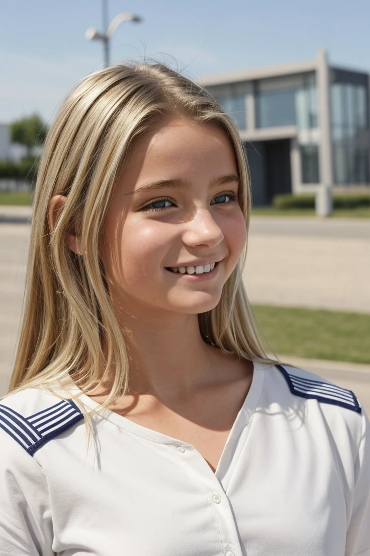 Une fille de 13 ans avec des cheveux blond, plus court que sur la photo. Elle sourit pour une photo et elle a un uniforme d'école gris avec un pantalon gris.