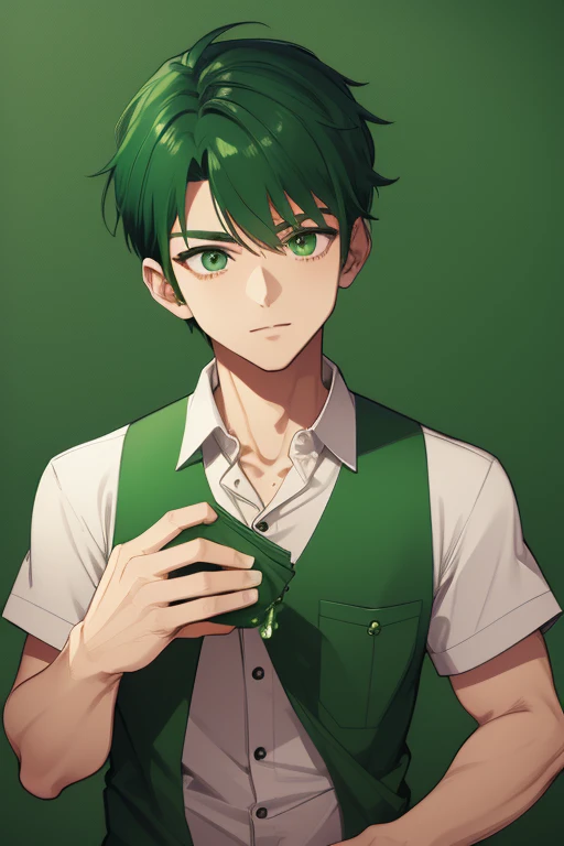 Handsome Japanese boy, green hair, faded cut, slim build, strong green eyes, short-sleeved vest, neo green shirt with slime print, red green jeans, green background