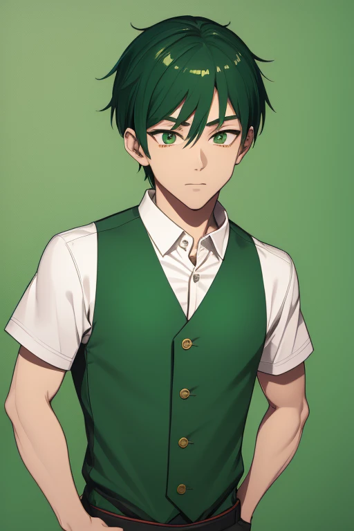 Handsome Japanese boy, green hair, faded cut, slim build, strong green eyes, short-sleeved vest, neo green shirt with slime print, red green jeans, green background