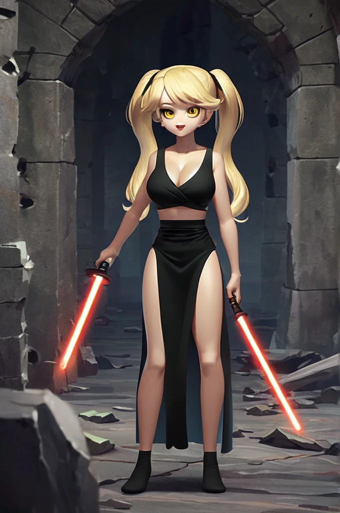 ((Лучшее качество)), ((шедевр)), (подробный), sith girl, blonde with two ponytails, slim build, huge breasts, yellow eyes, average height, lascivious expression, intimidating smile, open mouth, black top, sleeveless, without gloves, without pants, legs wrapped with black ribbons instead of shoes, black panties, no bra, red lightsaber in left hand, right hand palm on cheek, stands against the background of ancient gloomy ruins in the dungeon. front view. high quality. anime image style of the 80s