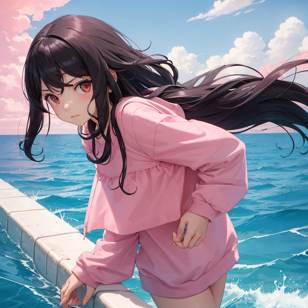 1girl, older, long hair, black curly hair, no smile, serious expression , day, pink sea, pink sky, swimming