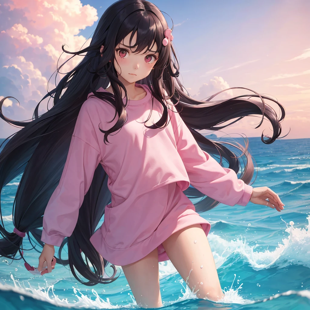 1girl, older, long hair, black curly hair, no smile, serious expression , day, pink sea, pink sky, swimming