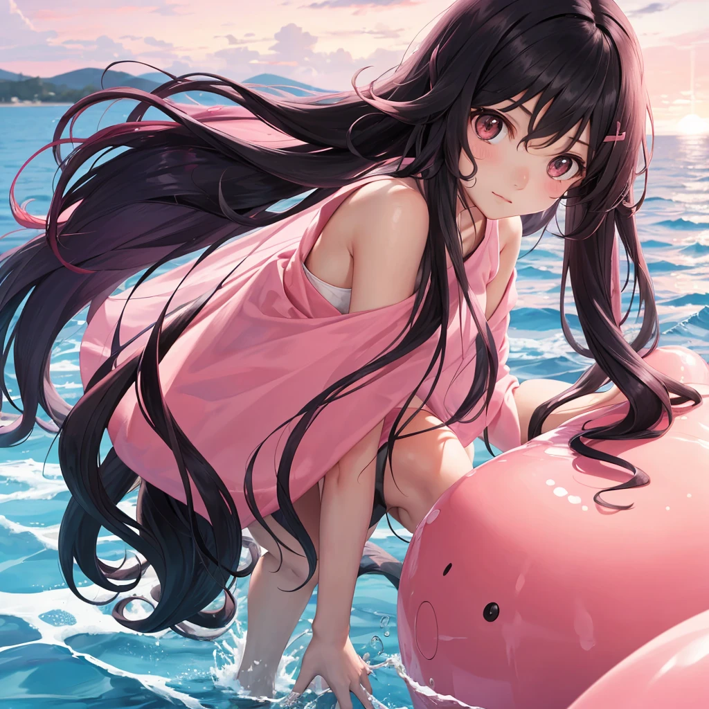 1girl, older, long hair, black curly hair, no smile, serious expression , day, pink sea, pink sky, swimming
