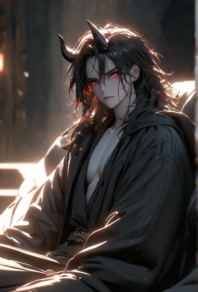 (solo), masculine, black hair, messy hair, mane hair, medium hair, dense hair, wild hair, expressive hair, mature,(25 year old), pale skin, red eyes, ((man)), wearing a black shirt, Black cloak, black demon horns,, serious, handsome, attractive, eye reflection, depth of field, thunder aura,cinematic lighting, ray tracing, depth of field, cinematic lighting, ray tracing, UHD, high details, best quality, highres, high quality, award winning, super detail, masterpiece, 8k, UHD, high details, best quality, highres, high quality, award winning, super detail, masterpiece, 8k, digital art, anime coloring, full body, body shot, good face, perfect face, detailed face, good eyes, sitting on a throne