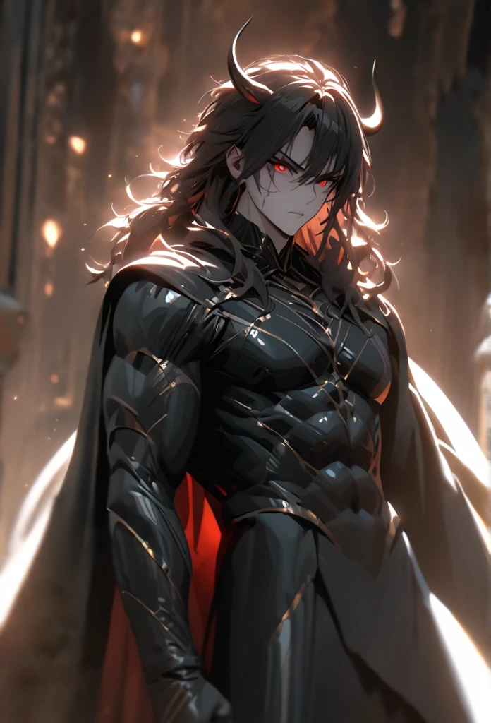 (solo), masculine, black hair, messy hair, mane hair, medium hair, dense hair, wild hair, expressive hair, mature,(25 year old), pale skin, red eyes, ((man)), wearing a black shirt, Black cloak, black demon horns,, serious, handsome, attractive, eye reflection, depth of field, thunder aura,cinematic lighting, ray tracing, depth of field, cinematic lighting, ray tracing, UHD, high details, best quality, highres, high quality, award winning, super detail, masterpiece, 8k, UHD, high details, best quality, highres, high quality, award winning, super detail, masterpiece, 8k, digital art, anime coloring, full body, body shot, good face, perfect face, detailed face, good eyes, sitting on a throne