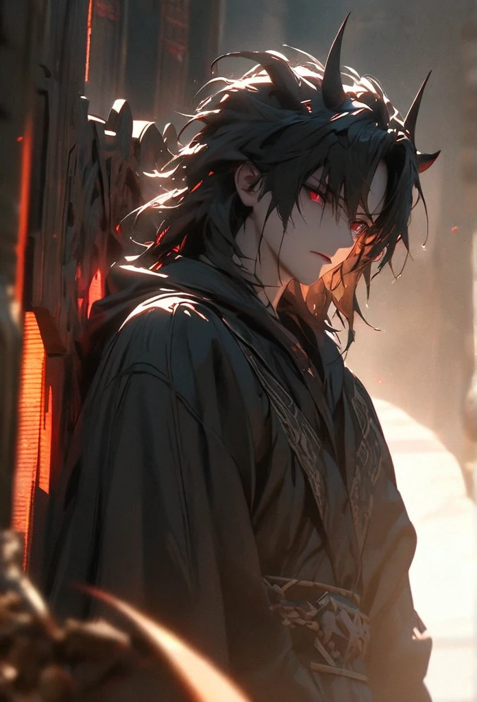 (solo), masculine, black hair, messy hair, mane hair, medium hair, dense hair, wild hair, expressive hair, mature,(25 year old), pale skin, red eyes, ((man)), wearing a black shirt, Black cloak, black demon horns,, serious, handsome, attractive, eye reflection, depth of field, thunder aura,cinematic lighting, ray tracing, depth of field, cinematic lighting, ray tracing, UHD, high details, best quality, highres, high quality, award winning, super detail, masterpiece, 8k, UHD, high details, best quality, highres, high quality, award winning, super detail, masterpiece, 8k, digital art, anime coloring, full body, body shot, good face, perfect face, detailed face, good eyes, sitting on a throne