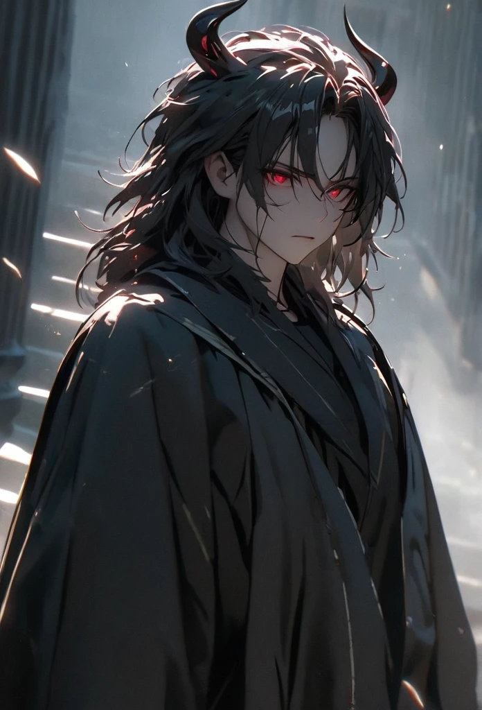 (solo), masculine, black hair, messy hair, mane hair, medium hair, dense hair, wild hair, expressive hair, mature,(25 year old), pale skin, red eyes, ((man)), wearing a black shirt, Black cloak, black demon horns,, serious, handsome, attractive, eye reflection, depth of field, thunder aura,cinematic lighting, ray tracing, depth of field, cinematic lighting, ray tracing, UHD, high details, best quality, highres, high quality, award winning, super detail, masterpiece, 8k, UHD, high details, best quality, highres, high quality, award winning, super detail, masterpiece, 8k, digital art, anime coloring, full body, body shot, good face, perfect face, detailed face, good eyes, sitting on a throne