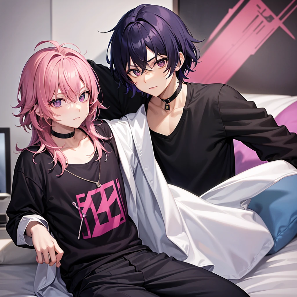 Saika have 14 years old,he is a boy, he has short striking pink hair that falls in soft waves around his face, complementing his vibrant purple eyes. His features are sharp and defined, with a youthful charm that is accentuated by his slender build. He often wears a stylish black jacket over a graphic t-shirt and jogging àd sometimes tight, completing his edgy and modern look, he is in his bedroom.