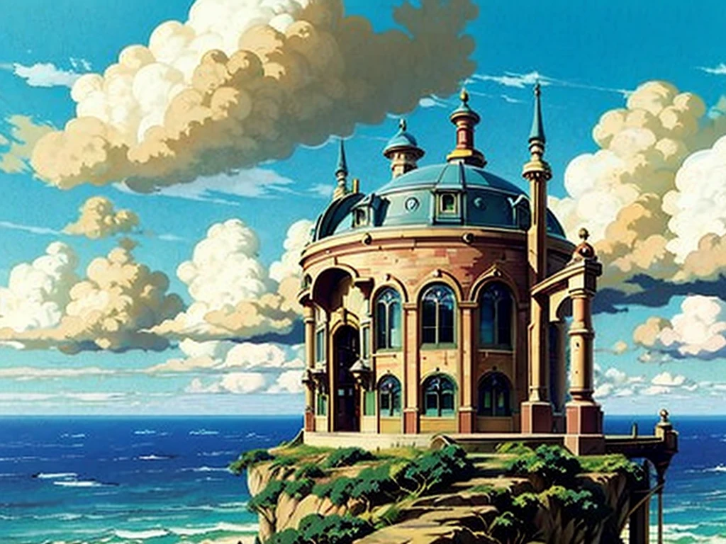 DVD screengrab from studio ghibli movie, beautiful seaside steampunk observatory, clouds on blue sky, designed by Hayao Miyazaki, retro anime