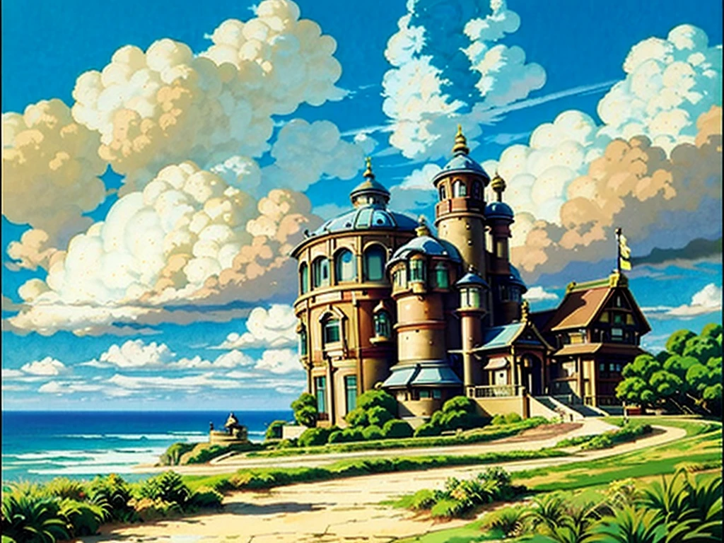 DVD screengrab from studio ghibli movie, beautiful seaside steampunk observatory, clouds on blue sky, designed by Hayao Miyazaki, retro anime