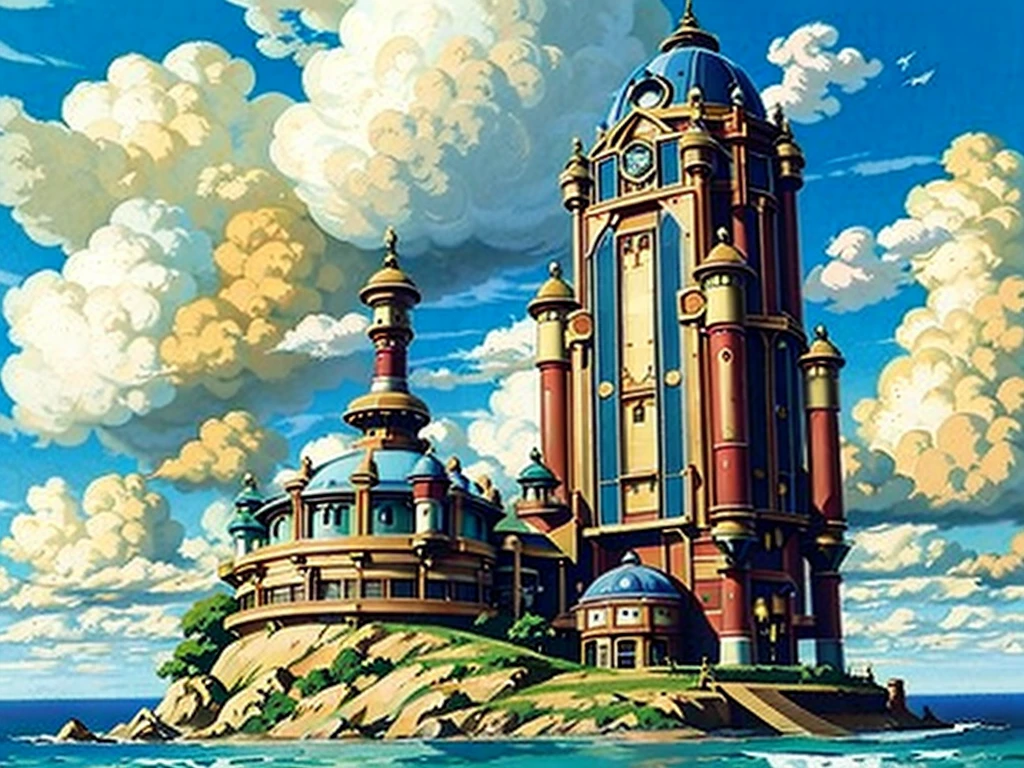 DVD screengrab from studio ghibli movie, beautiful seaside steampunk observatory, clouds on blue sky, designed by Hayao Miyazaki, retro anime