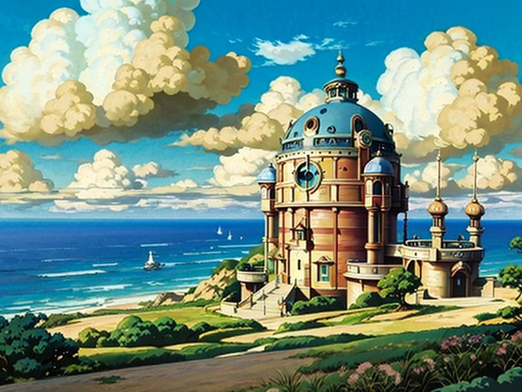 DVD screengrab from studio ghibli movie, beautiful seaside steampunk observatory, clouds on blue sky, designed by Hayao Miyazaki, retro anime