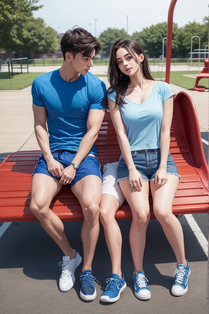 Boyfriends on the playground and the boyfriend in a blue shirt with blue shorts and the girlfriend in a blue top and blue shorts