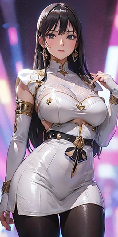 3/4 bodies, Curvaceous, well-endowed, beautiful techno club patron with big gorgeous eyes, Digital Illustration, Huge breasts, Slim waist, Wide Hips, Thick thighs, Get on the dance floor, Techno Club Dance Hall, Exquisite bodysuit, Knee-high socks, Eye-catching composition, Soft tones, Anime Realism, Portraiture、(Have sex,Vagina Penis),On the bed,Cowgirl,Hotel,(Blushing and grinning),pubic hair,(Wet cat:1.3),(Sweaty),(Creampie,Cum in pussy:1.2),