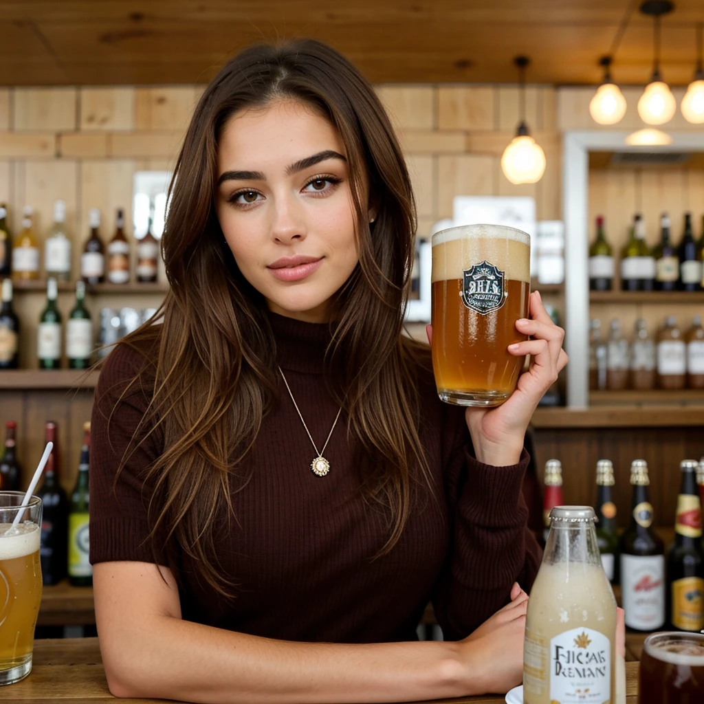 arafed femme aux longs cheveux bruns portant un pull blanc, Bière Madison girl portrait, Olivia Culpo, cheveux bruns longs et fluides, Bière Madison, cheveux bruns longs et ondulés, portrait sophie mudd, fille aux cheveux bruns, soft devil queen Bière Madison, Cheveux longs bruns ondulés, cheveux bruns longs et ondulés, cheveux bruns, cheveux longs de couleur marron, cheveux bruns longs et bouclés, elle est dans un bar, une bière à la main