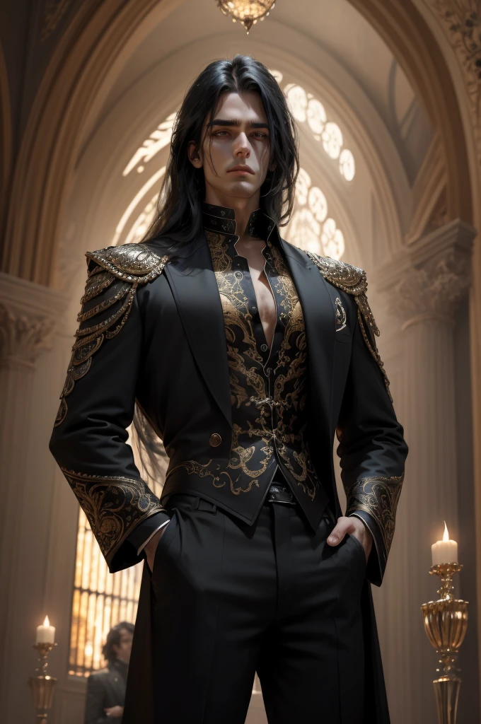 {anatomy}(Masterpiece - Ultra-detailed, very high resolution) Prepare to be enchanted by a true masterpiece that combines ultra-detailed art with high-resolution rendering. This work portrays a man with long black hair (1.3) and captivating golden eyes (1.2), emanating an aura of mystery in decadent settings. The intricate details and realistic textures invite you to explore every aspect of this enchanting composition. man in black clothes. Rebel look.