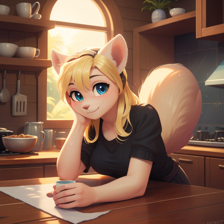 minerva, medium breast,
(detailed blonde hair:1.4), (detailed perfect eyes:1.2), white fur, (detailed fluffy fur:1.2), perfect hourglass body, mink snout, (long fluffy blonde tail:1.3), beautiful black eyes, relaxed pose, looking at viewer,
(freckles:1.2), light smile,
serving coffee,
(masterpiece:1.2), (best quality:1.2), (intricate:1.2), (highly detailed:1.2), (sharp:1.2), (8k:1.2), (highres:1.2),
cinematic summer tropical lighting, vivid colors,
kitchen, wooden cabin,
window, forest, rain,
aliceinwonderlandoutfit