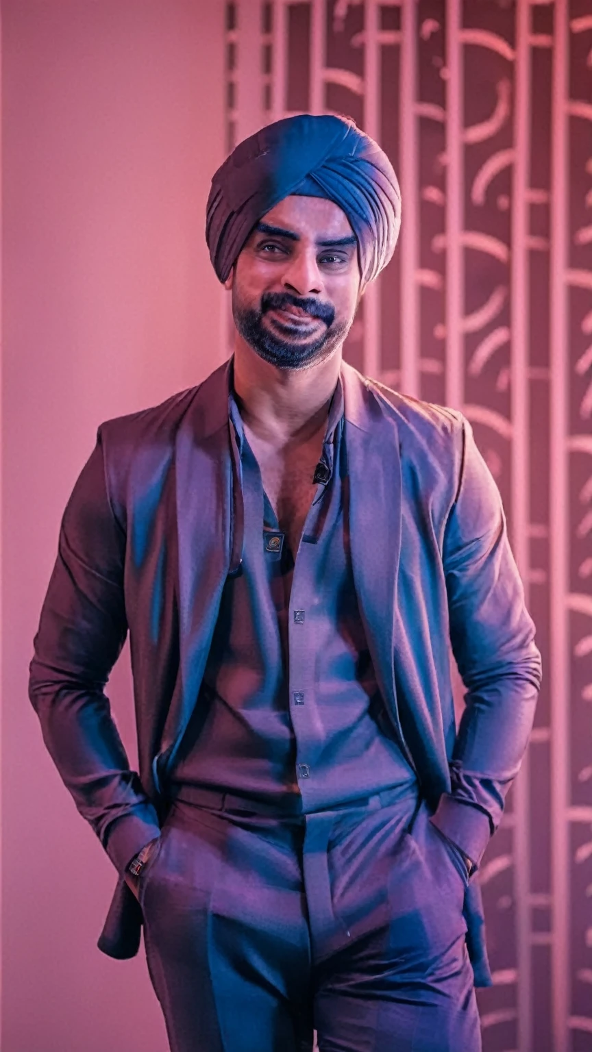 arafed man in a turban and a suit posing for a picture, inspired by Manjit Bawa, by Manjit Bawa, a portrait of rahul kohli, portrait shot 8 k, 7 0 mm portrait, turban, wearing a turban, with a seductive smile, portrait shot, dramatic smile pose intricate, handsome man, 60mm portrait, high quality portrait