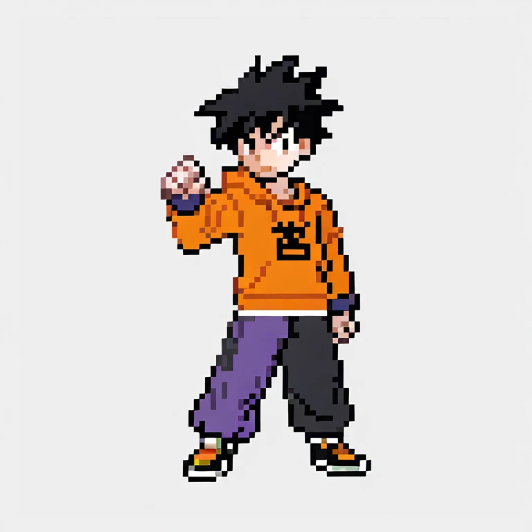 White youngster,messy black hair,orange dragon ball Z hoodie,Simple Background