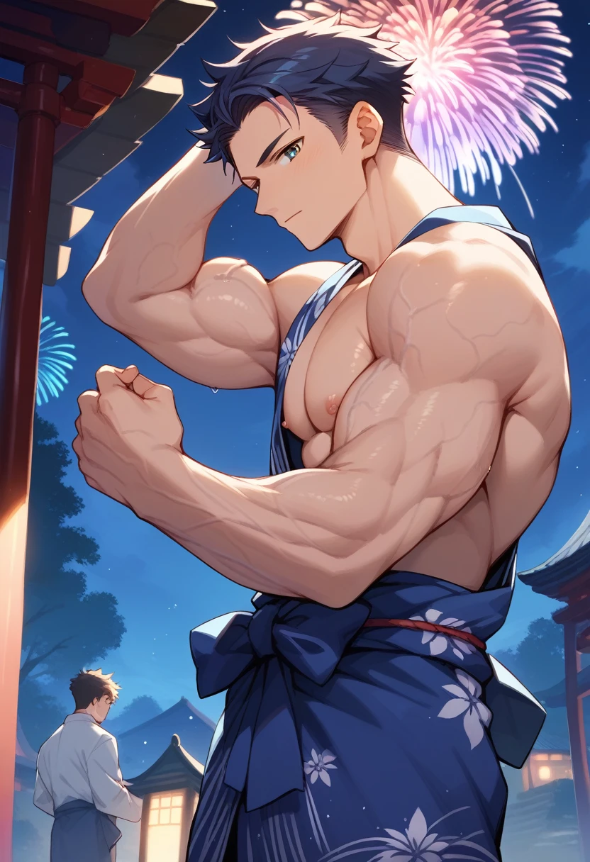 (score_9,score_8_up,score_7_up,score_6_up,score_5_up,score_4_up, source_anime), 8k, best quality, best lighting, BREAK, 1boy is  yo, muscled, yukata, ((veiny arms: 1.3)), shrine, ((night)), ((midnight)), fireworks