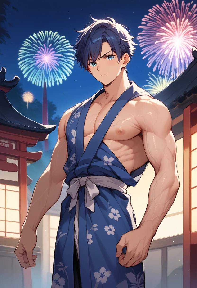 (score_9,score_8_up,score_7_up,score_6_up,score_5_up,score_4_up, source_anime), 8k, best quality, best lighting, BREAK, 1boy is 17 yo, muscled, yukata, ((veiny arms: 1.3)), shrine, ((night)), ((midnight)), fireworks