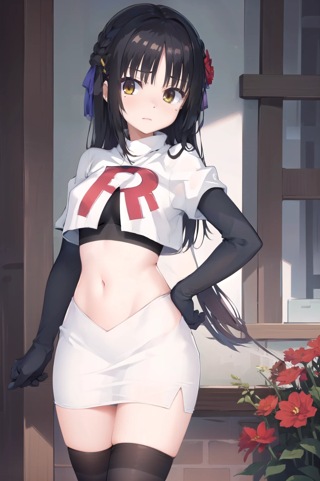 solo, Natsume, black hair, yellow eyes, long hair, hairclip, hair ribbon, mole under eye, hair flower, red flower, team rocket,team rocket uniform,white skirt,red letter R,crop top,black thigh-highs,black elbow gloves