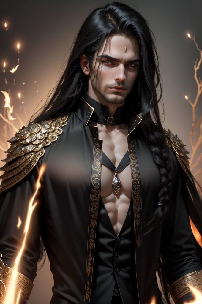 {anatomy}(Masterpiece - Ultra-detailed, very high resolution) Prepare to be enchanted by a true masterpiece that combines ultra-detailed art with high-resolution rendering. This work portrays a man with long black hair (1.3) and captivating golden eyes (1.2), emanating an aura of mystery in decadent settings. The intricate details and realistic textures invite you to explore every aspect of this enchanting composition. man in black clothes. Rebel look. Serious. Without beard