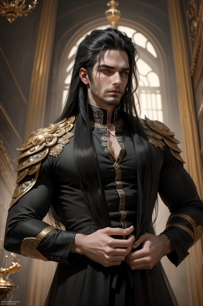 {anatomy}(Masterpiece - Ultra-detailed, very high resolution) Prepare to be enchanted by a true masterpiece that combines ultra-detailed art with high-resolution rendering. This work portrays a man with long black hair (1.3) and captivating golden eyes (1.2), emanating an aura of mystery in decadent settings. The intricate details and realistic textures invite you to explore every aspect of this enchanting composition. man in black clothes. Rebel look. Serious. Without beard