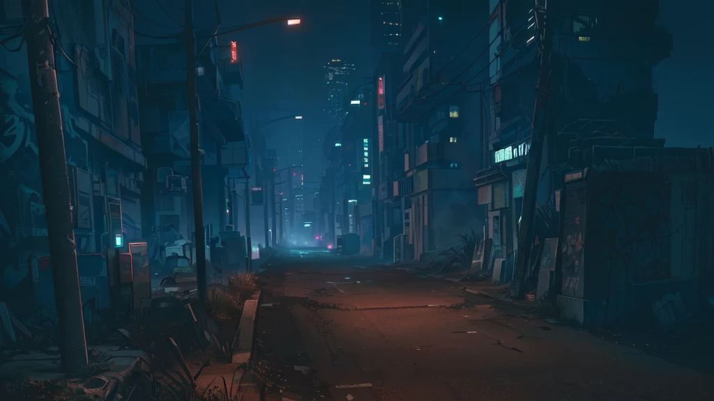 there is a dark street with a lot of graffiti, cyberpunk street at night, cyberpunk streets at night, hyper-realistic cyberpunk city, cyberpunk city street, cyberpunk street, cyberpunk city abandoned, cyberpunk dreamscape, cyberpunk night street, cyberpunk landscape, sci-fi cyberpunk city street, cyberpunk atmosphere, old cyberpunk 8k resolution, dirty cyberpunk city, cyberpunk atmosphere