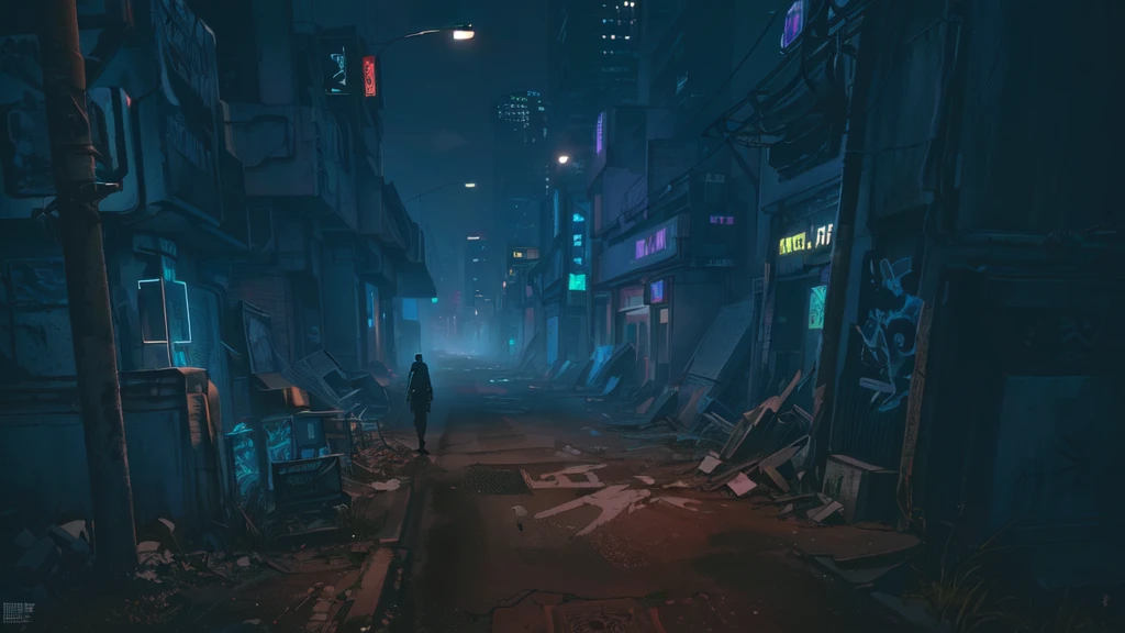 there is a dark street with a lot of graffiti, cyberpunk street at night, cyberpunk streets at night, hyper-realistic cyberpunk city, cyberpunk city street, cyberpunk street, cyberpunk city abandoned, cyberpunk dreamscape, cyberpunk night street, cyberpunk landscape, sci-fi cyberpunk city street, cyberpunk atmosphere, old cyberpunk 8k resolution, dirty cyberpunk city, cyberpunk atmosphere