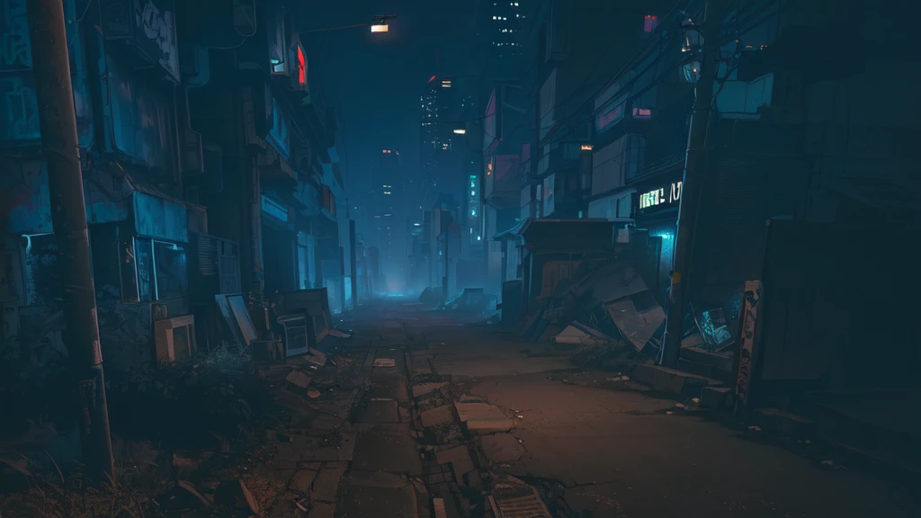 there is a dark street with a lot of graffiti, cyberpunk street at night, cyberpunk streets at night, hyper-realistic cyberpunk city, cyberpunk city street, cyberpunk street, cyberpunk city abandoned, cyberpunk dreamscape, cyberpunk night street, cyberpunk landscape, sci-fi cyberpunk city street, cyberpunk atmosphere, old cyberpunk 8k resolution, dirty cyberpunk city, cyberpunk atmosphere