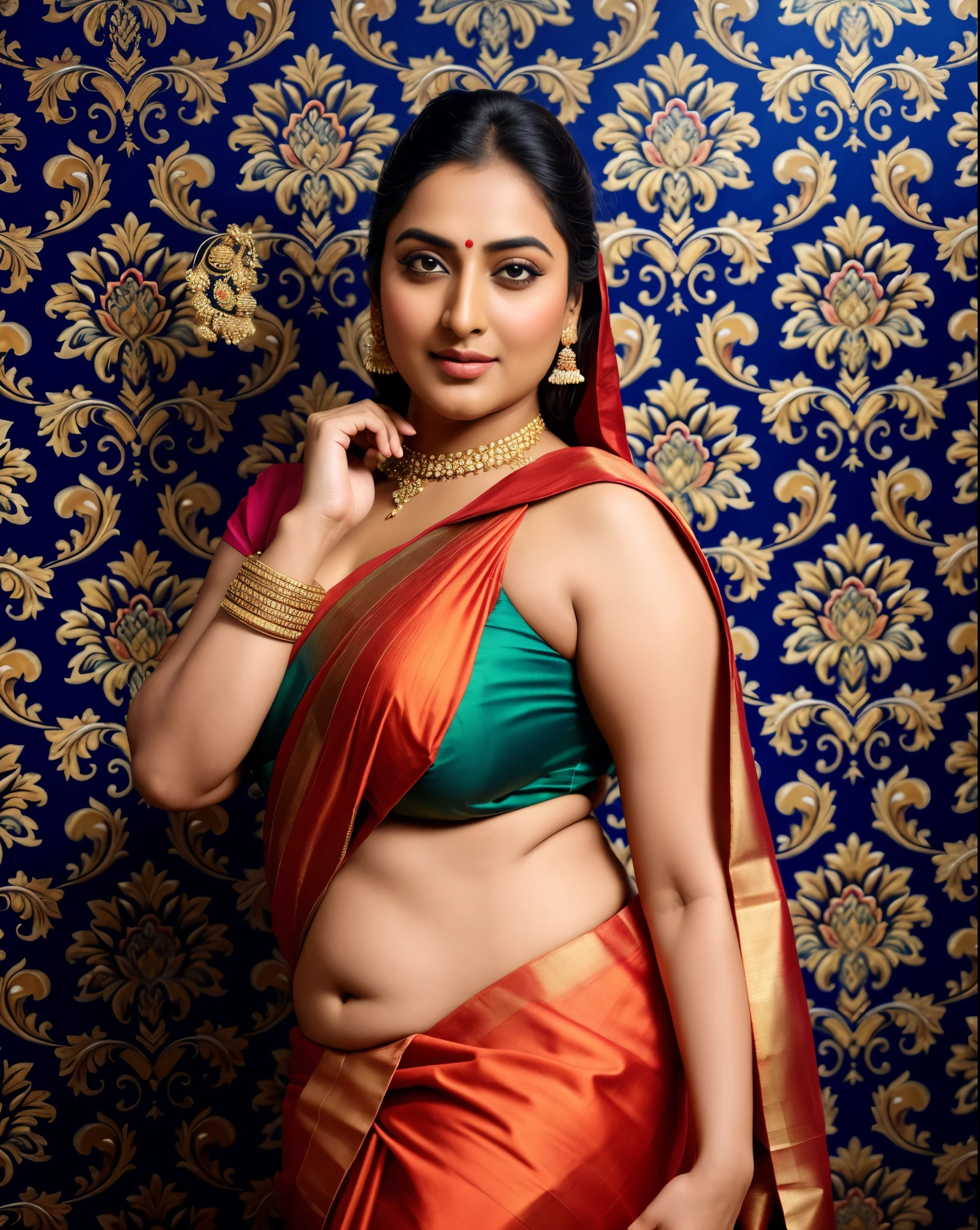 Foto RAW, photorealistic, photography, full body shot, master shot, perfect eyes, goddess like beauty, pierced eyes, perfect thick chubby mallu Desi aunty bhabhi, Wearing a Stanapatta, a chest-band.Saree model, model Photography, Indian saree shoot, Indian traditional wear advertising photography, traditional wear brand shoot, face of Indian actress Sonakshi Sinha, masterpiece, realistic, realism, incredible details, pleasure, photorealism, detailed skin, skin pores, high contrast, photorealistic Artstation 8k HD digital art trend of high definition and detailed realistic skin texture, ultra detail, realistic skin texture, armature, best quality, ultra high definition, (photorealistic:1.4),, high resolution, detail, raw photo, sweat, Re sharp, by Lee Jefferies Nikon D850 Film Stock Photo 4 Kodak Portra 400 Camera F1.6 Lens Rich Color Ultra Real Realistic Realistic Textures Dramatic Lighting Unreal Engine Trending at Art Station Cinestill 800,(pele altamente detalhada: 1.2), 8k UHD, DSLR, soft-lighting, alta qualidade, grain of film, Fujifilm XT3,she didn't like to wear blouse or bra, she is happy to wear only saree, she hates blouse or bra, detailed hairy armpits, hyper realistic skin, skin pores, sweat, veins,