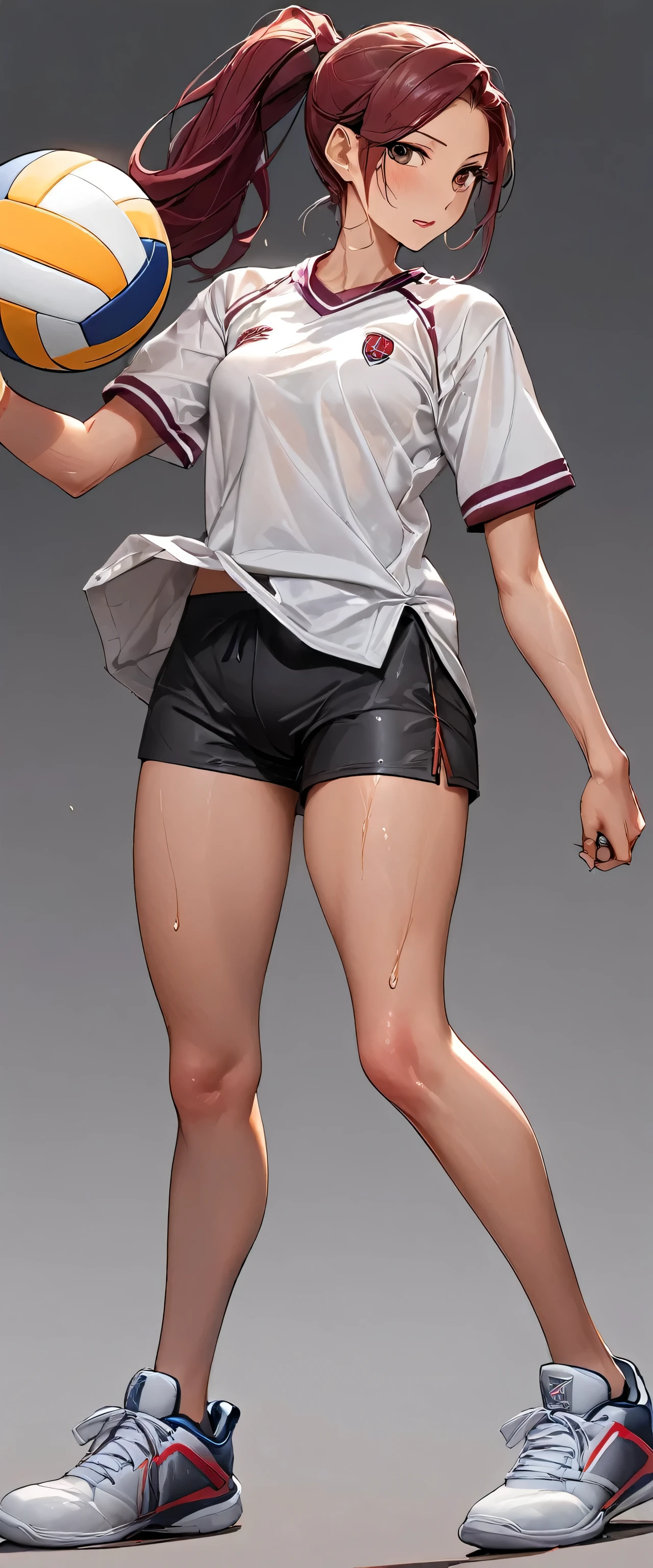 ((best quality)), ((masterpiece)), (detailed), 1girl with tan orange skin and maroon ponytail hair, wet shirt, varsity volleyball player, blank gray background, attack pose, holding volleyball, full body, wearing rubber shoes