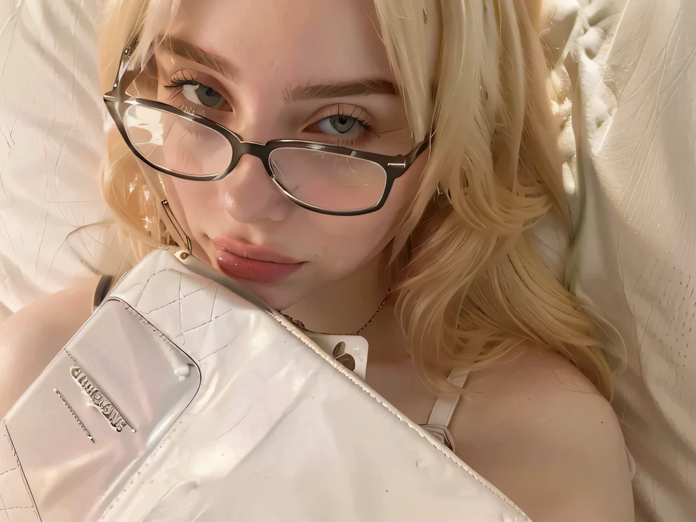 blond woman With glasses and a white purse laying on a bed, beautiful dolphin, With glasses, With glasses cuadradas, thick glasses, some flashes and specs, reading glasses, With glasses on, Ava Max, white glasses, angelablanca, nerd glasses, white reading glasses, She wears Harry Potter glasses, profile picture, girl With glasses