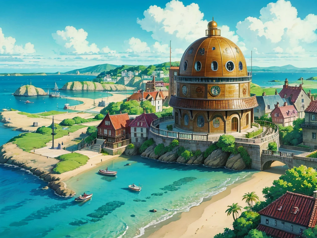 animesque、beautiful seaside steampunk observatory、Landscape without buildings、You can see the touch of the brush、Studio Ghibli、Ghibli、Scenery、Style、Golden Time、sky line