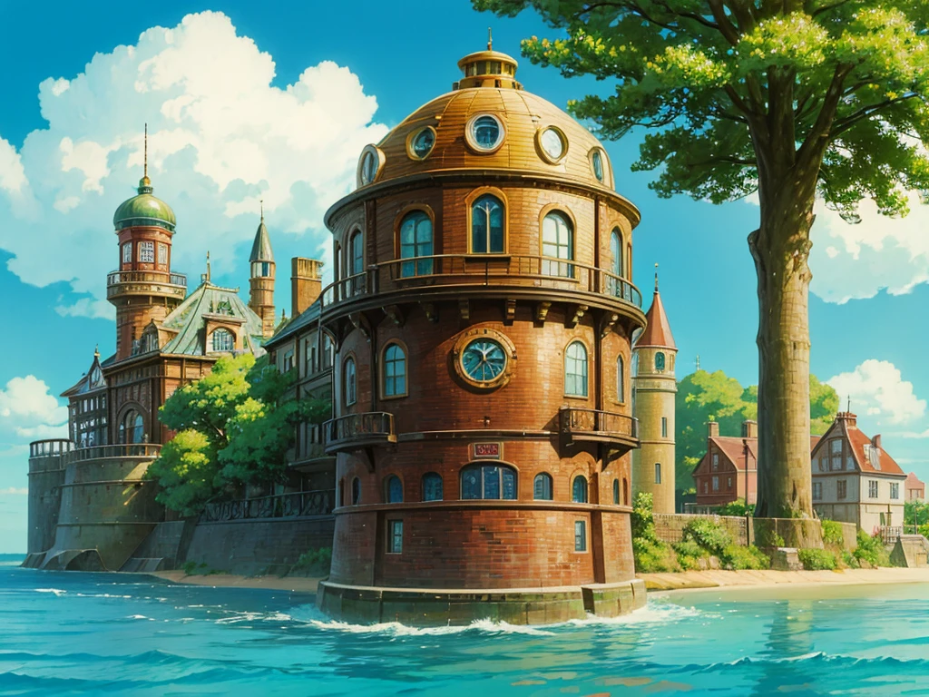 animesque、beautiful seaside steampunk observatory、Landscape without buildings、You can see the touch of the brush、Studio Ghibli、Ghibli、Scenery、Style、Golden Time、sky line