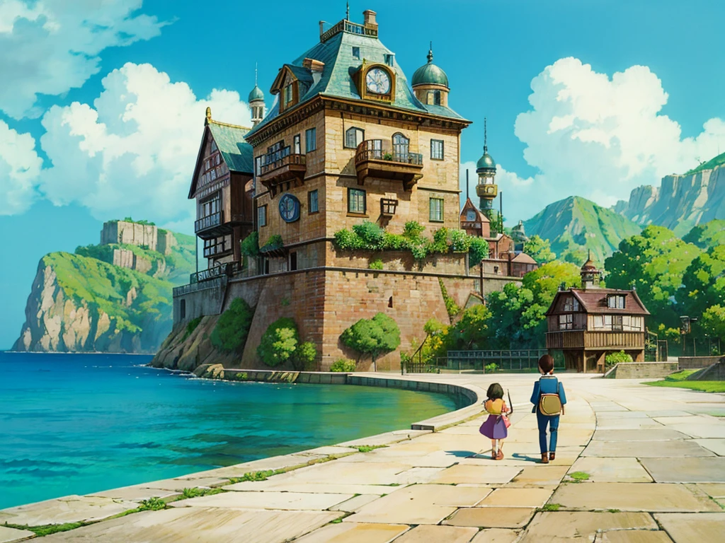 animesque、beautiful seaside steampunk observatory、Landscape without buildings、You can see the touch of the brush、Studio Ghibli、Ghibli、Scenery、Style、Golden Time、sky line