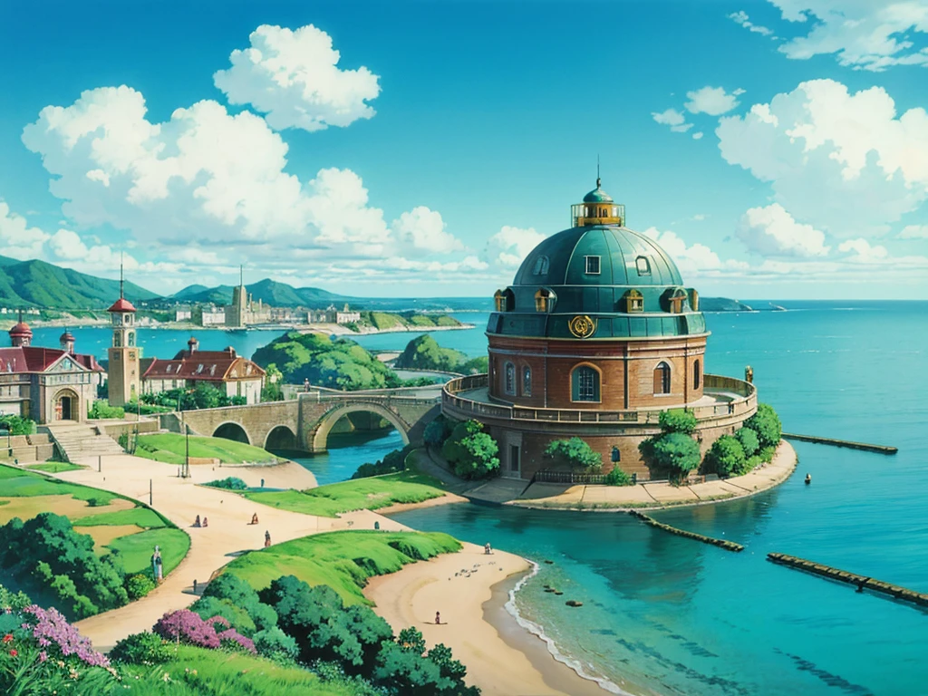 animesque、beautiful seaside steampunk observatory、Landscape without buildings、You can see the touch of the brush、Studio Ghibli、Ghibli、Scenery、Style、Golden Time、sky line