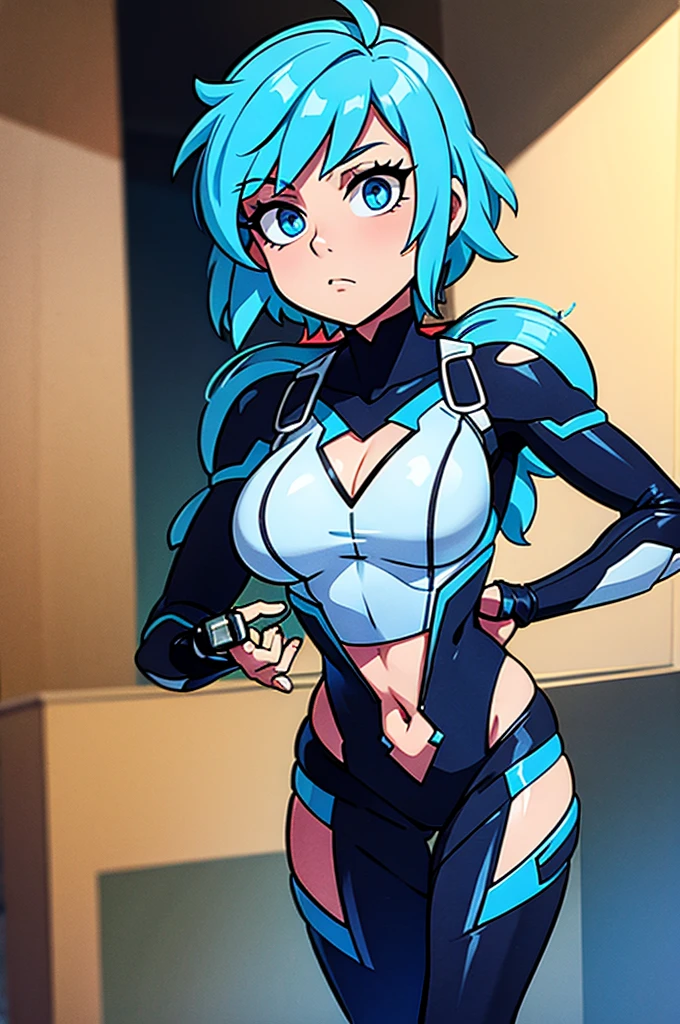 1girl, bunny ears, rabbit ears, sneakers, shoes, futuristic, tech, science-fiction, bikini, black bikini, blue trim, blue neon trim, neon trim, blue hair, very short hair, blue eyes, smile, light smile, wide hips, breasts, large breasts