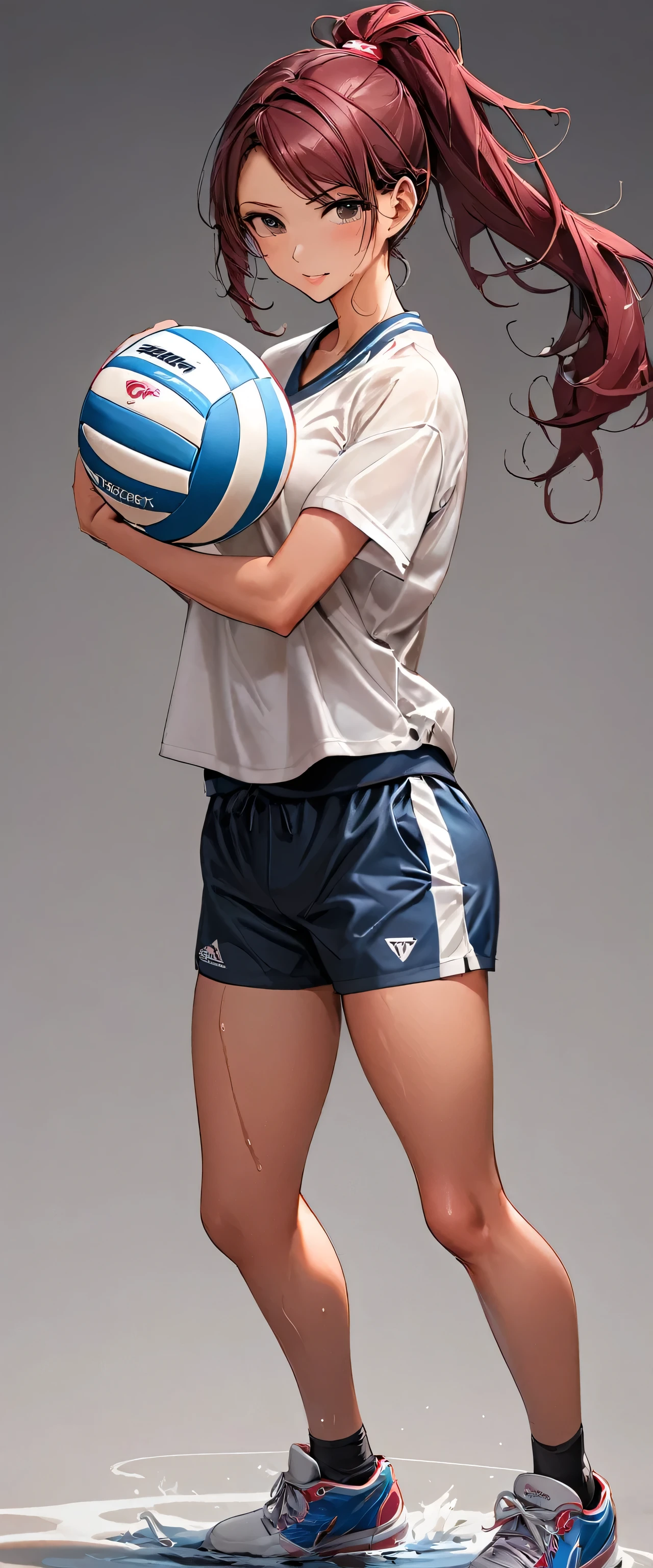 ((best quality)), ((masterpiece)), (detailed), 1girl with tan orange skin and maroon ponytail hair, wet shirt, varsity volleyball player, blank gray background, attack pose, holding volleyball, full body, wearing rubber shoes
