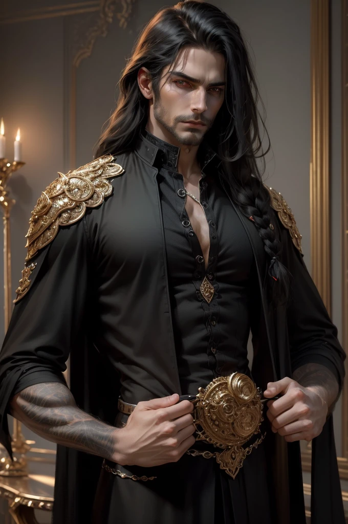 {anatomy}(Masterpiece - Ultra-detailed, very high resolution) Prepare to be enchanted by a true masterpiece that combines ultra-detailed art with high-resolution rendering. This work portrays a man with long black hair (1.3) and captivating golden eyes (1.2), emanating an aura of mystery in decadent settings. The intricate details and realistic textures invite you to explore every aspect of this enchanting composition. man in black clothes. Rebel look. Serious. Without beard. Outlaw