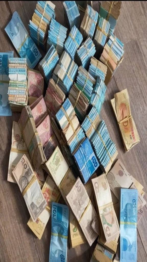 A lot of money, Brazilian Real banknotes, on top of a table