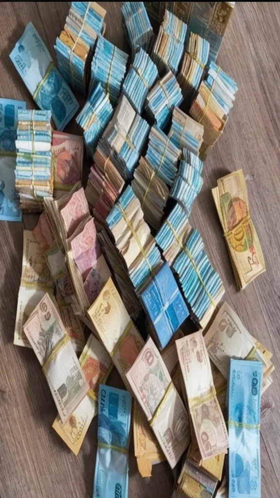 A lot of money, Brazilian Real banknotes, on top of a table