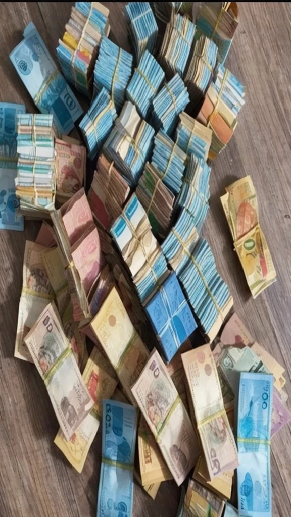 A lot of money, Brazilian Real banknotes, on top of a table
