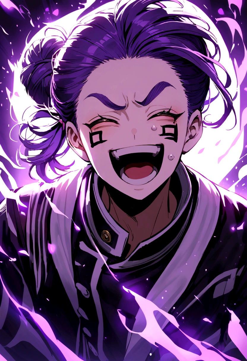 Tokyo Revengers character with black and purple hair tied in a messy bun, with the toman uniform with lilac details , with a laughing expression on his face,