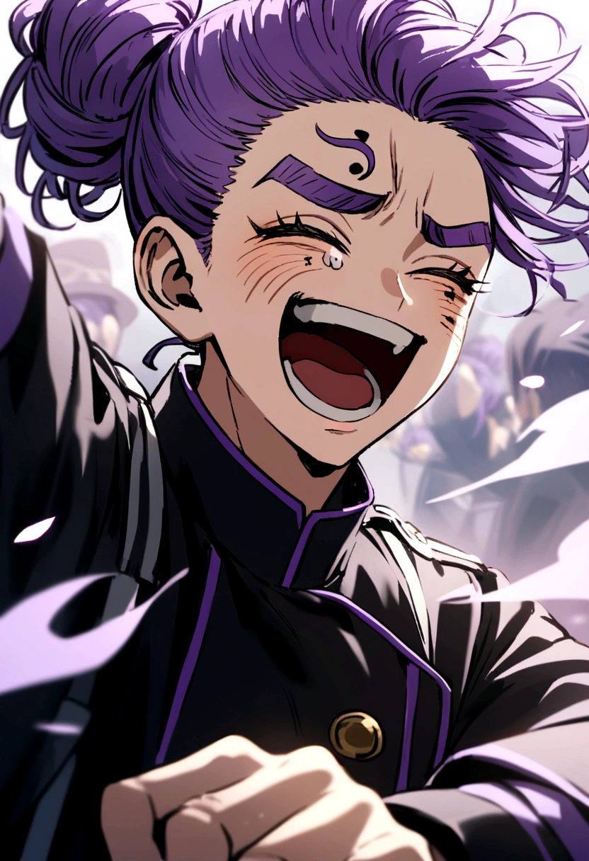 Tokyo Revengers character with black and purple hair tied in a messy bun, with the toman uniform with lilac details , with a laughing expression on his face,