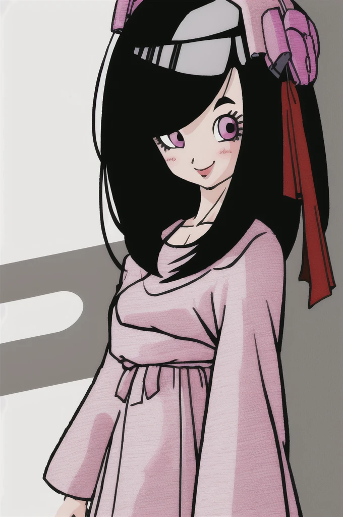 akira toriyama style,1girl, mature lady, ((solo:1.4)), modern clothes, long black hair, pink eyes, anime coloring, innocent smile, ((masterpiece)) 