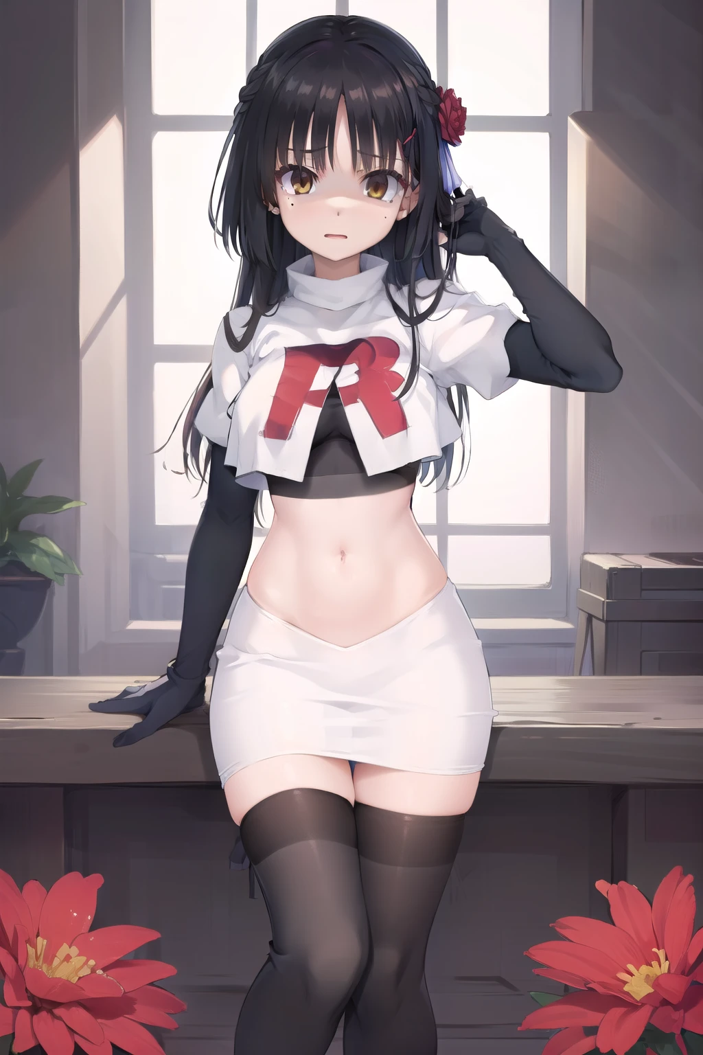 solo, Natsume, black hair, yellow eyes, long hair, hairclip, hair ribbon, mole under eye, hair flower, red flower, team rocket,team rocket uniform,white skirt,red letter R,crop top,black thigh-highs,black elbow gloves